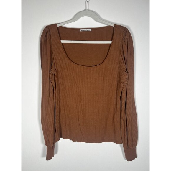 Reformation Tops - Reformation Jeans brown scoop neck puff sleeve ribbed long slv tshirt XL stretch